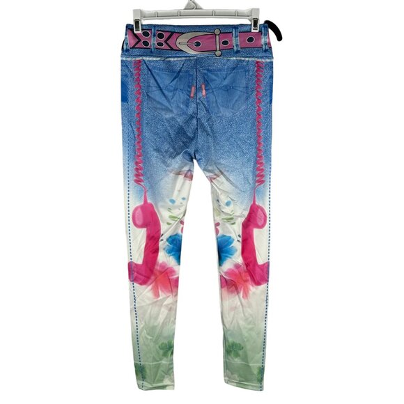 Kids Blue Gradient Leggings Pink Belt Design Faux Distressed Denim Print Size M - Picture 2 of 3